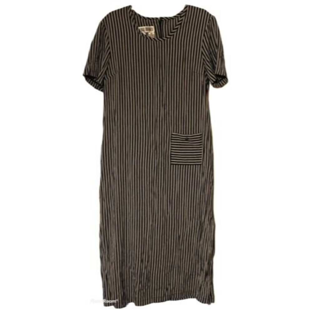 Coco Bianco Sack Dress 14 Vertical Striped Black Gray Zip Back Peasant Teacher
